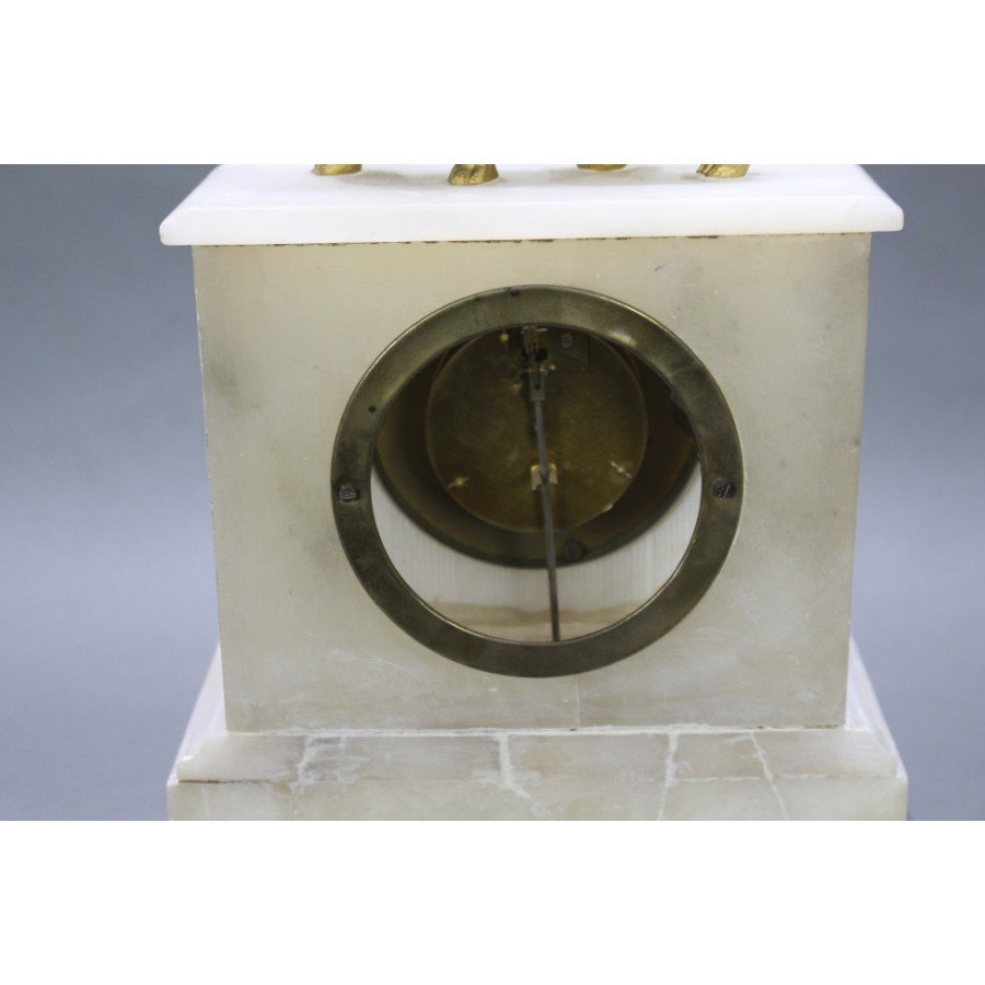 French 19th c. Alabaster Lion Mantle Clock